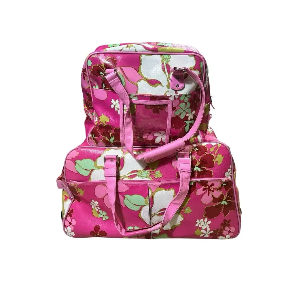 Vintage Y2K Roxy Rolling Duffle Bag And Overnight Bag Pink Floral Pattern